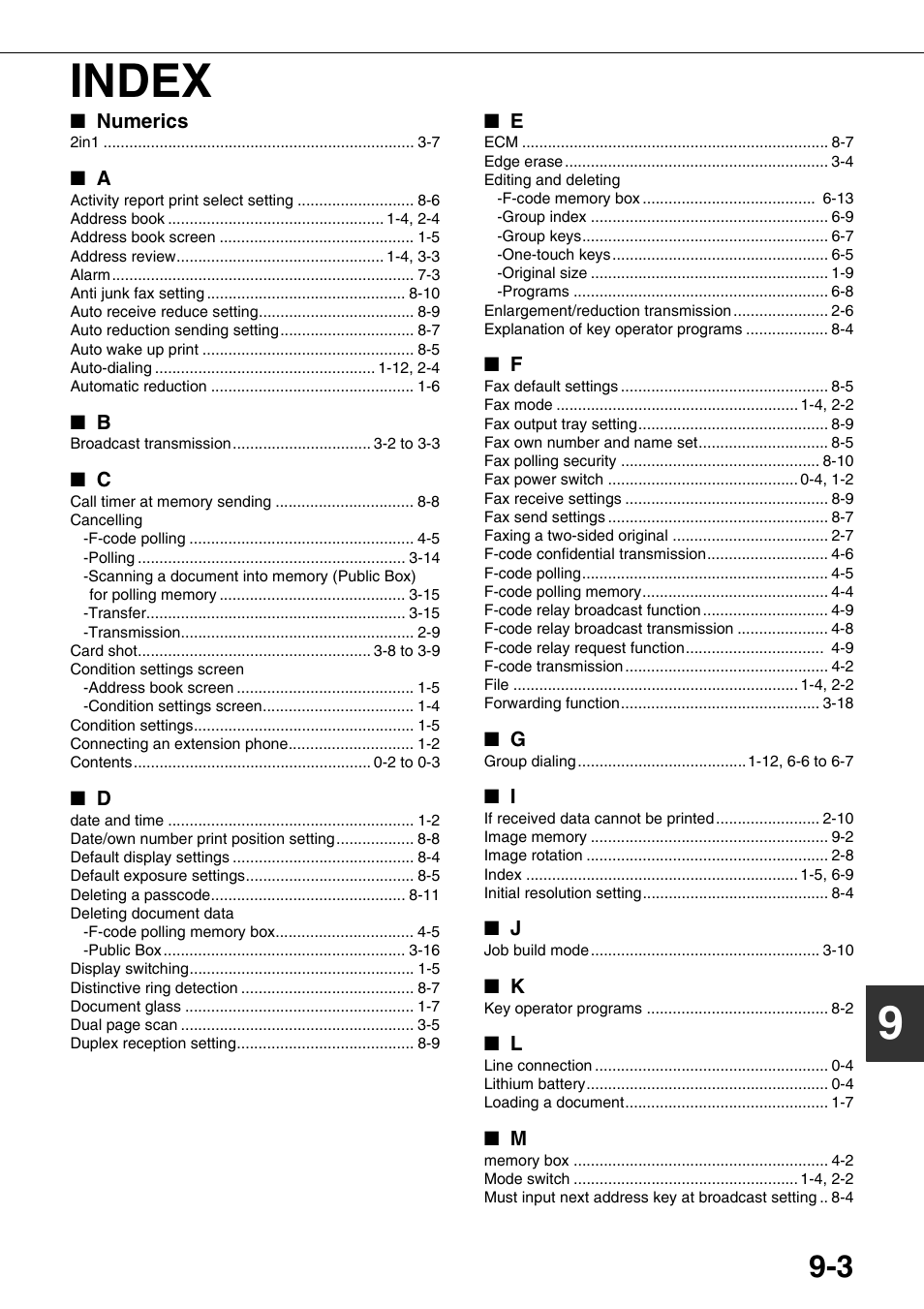 Index, 9index | Sharp MX-M350U User Manual | Page 105 / 110