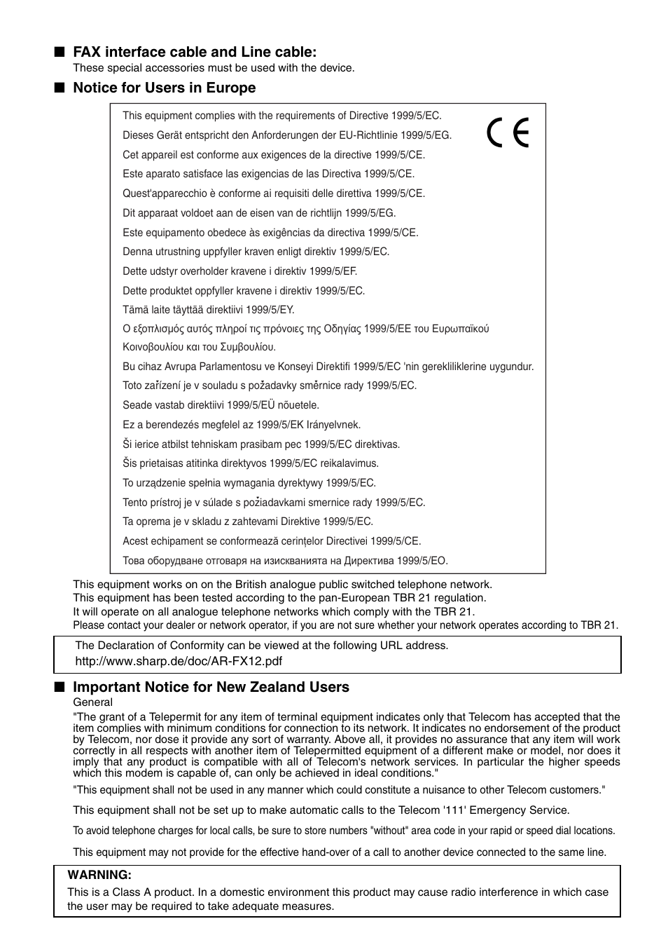 Fax interface cable and line cable, Notice for users in europe, Important notice for new zealand users | Sharp MX-M350U User Manual | Page 2 / 110