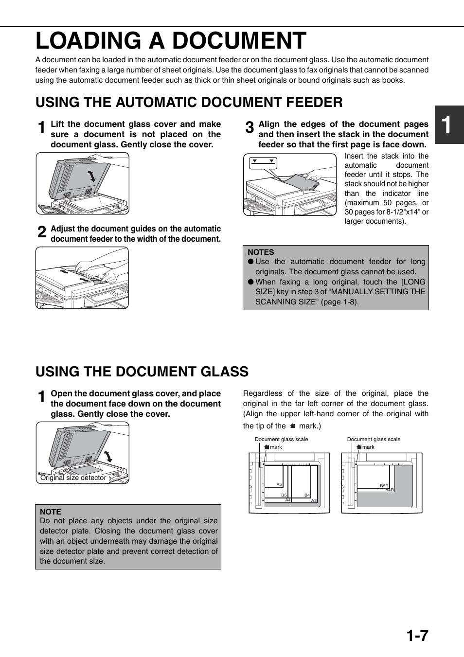 Loading a document, Using the automatic document feeder, 7 using the document glass | 1loading a document, Using the document glass | Sharp MX-M350U User Manual | Page 21 / 110