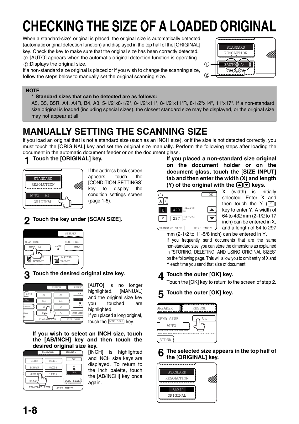 Checking the size of a loaded original, Manually setting the scanning size, E 1-8) | Touch the [original] key, Touch the key under [scan size, Touch the desired original size key, Touch the outer [ok] key | Sharp MX-M350U User Manual | Page 22 / 110