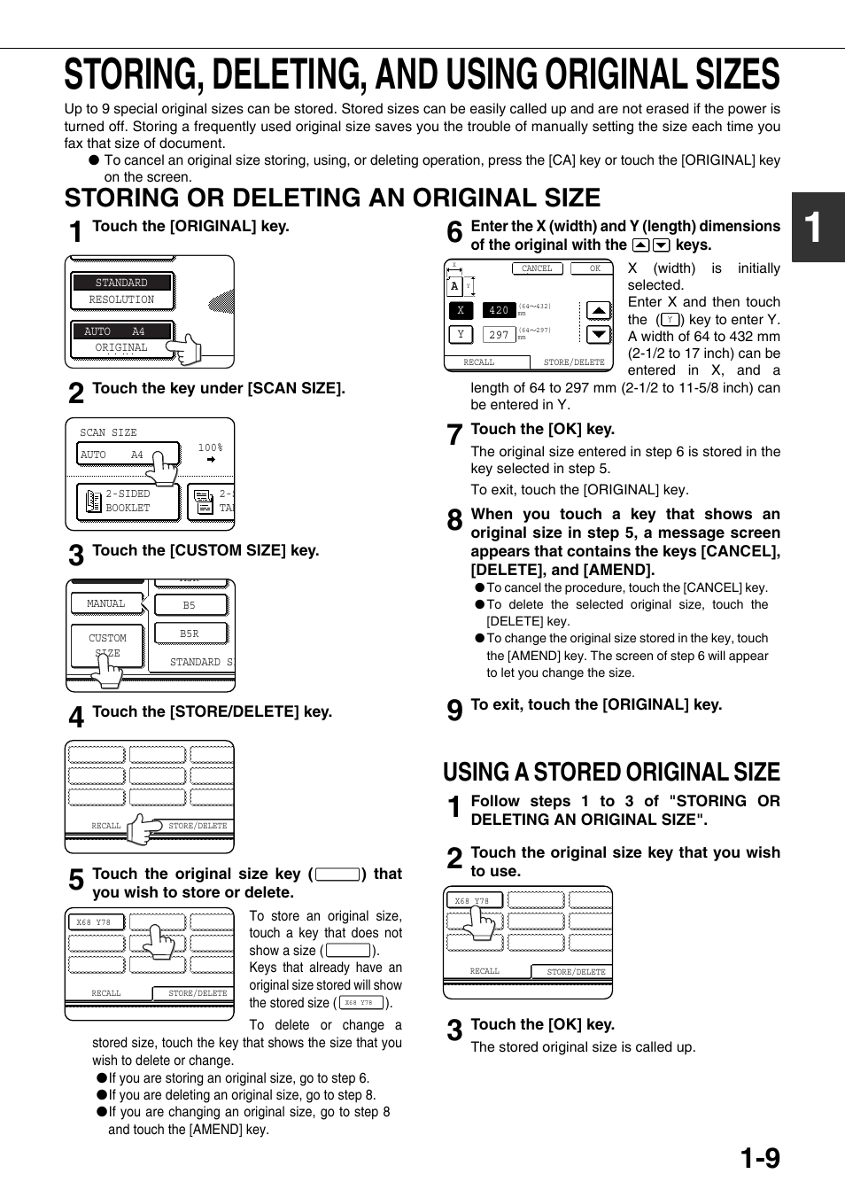 Storing, deleting, and using original sizes, Storing or deleting an original size, 9 using a stored original size | 1storing, deleting, and using original sizes, Using a stored original size | Sharp MX-M350U User Manual | Page 23 / 110