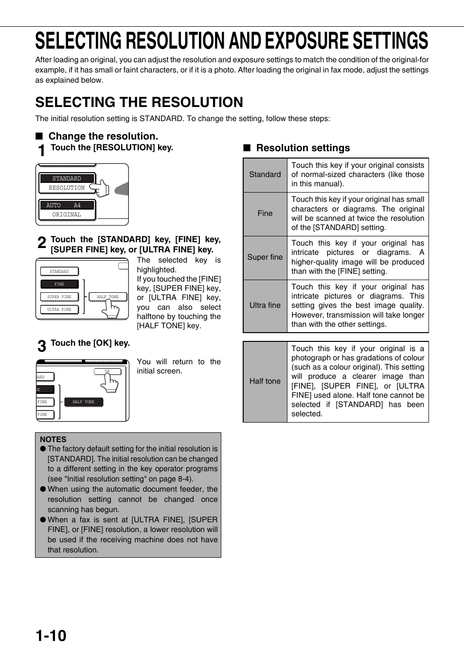 Selecting resolution and exposure settings, Selecting the resolution, E 1-10 | Change the resolution, Resolution settings | Sharp MX-M350U User Manual | Page 24 / 110