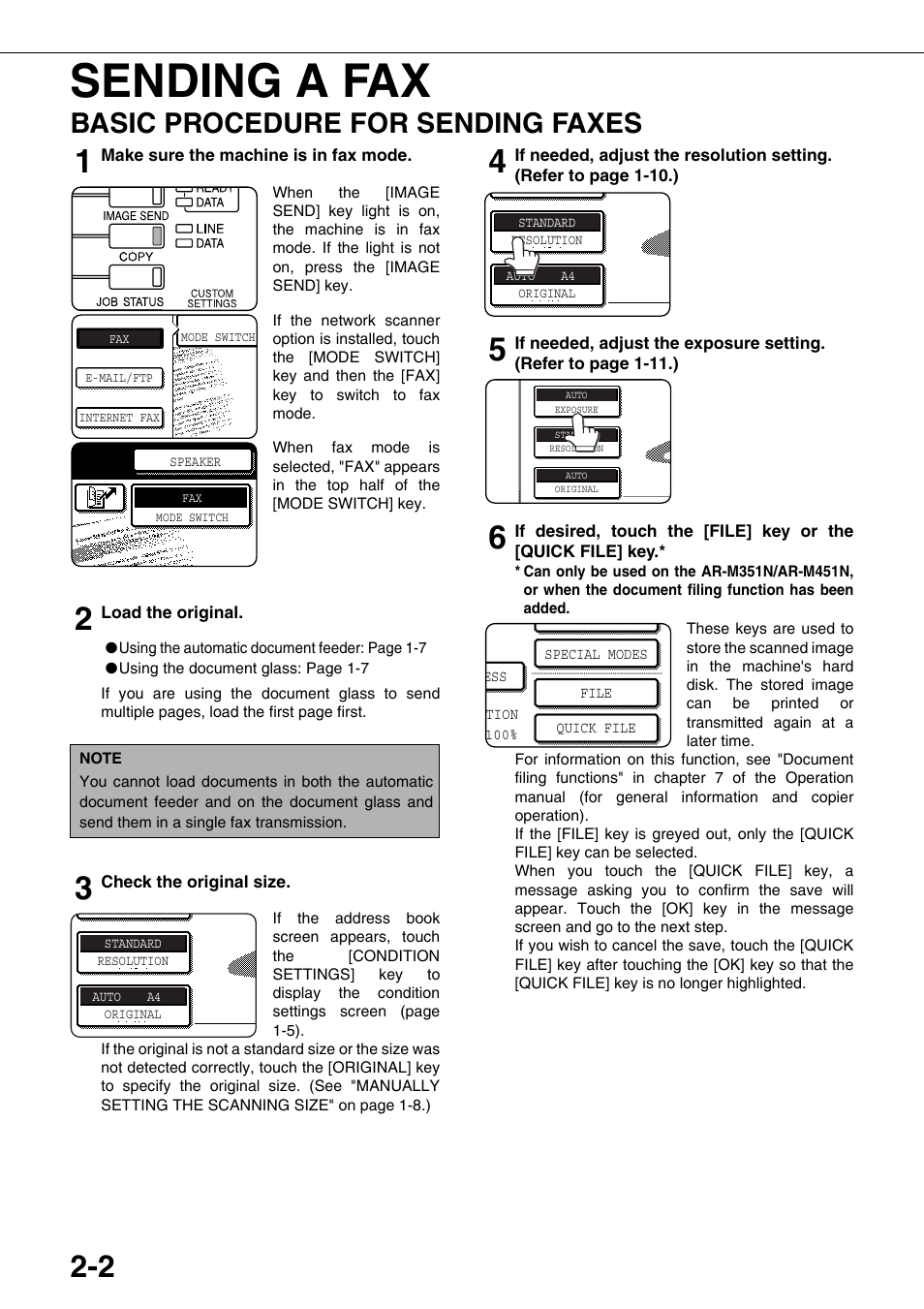 Sending a fax, Basic procedure for sending faxes, E 2-2) | Sharp MX-M350U User Manual | Page 28 / 110