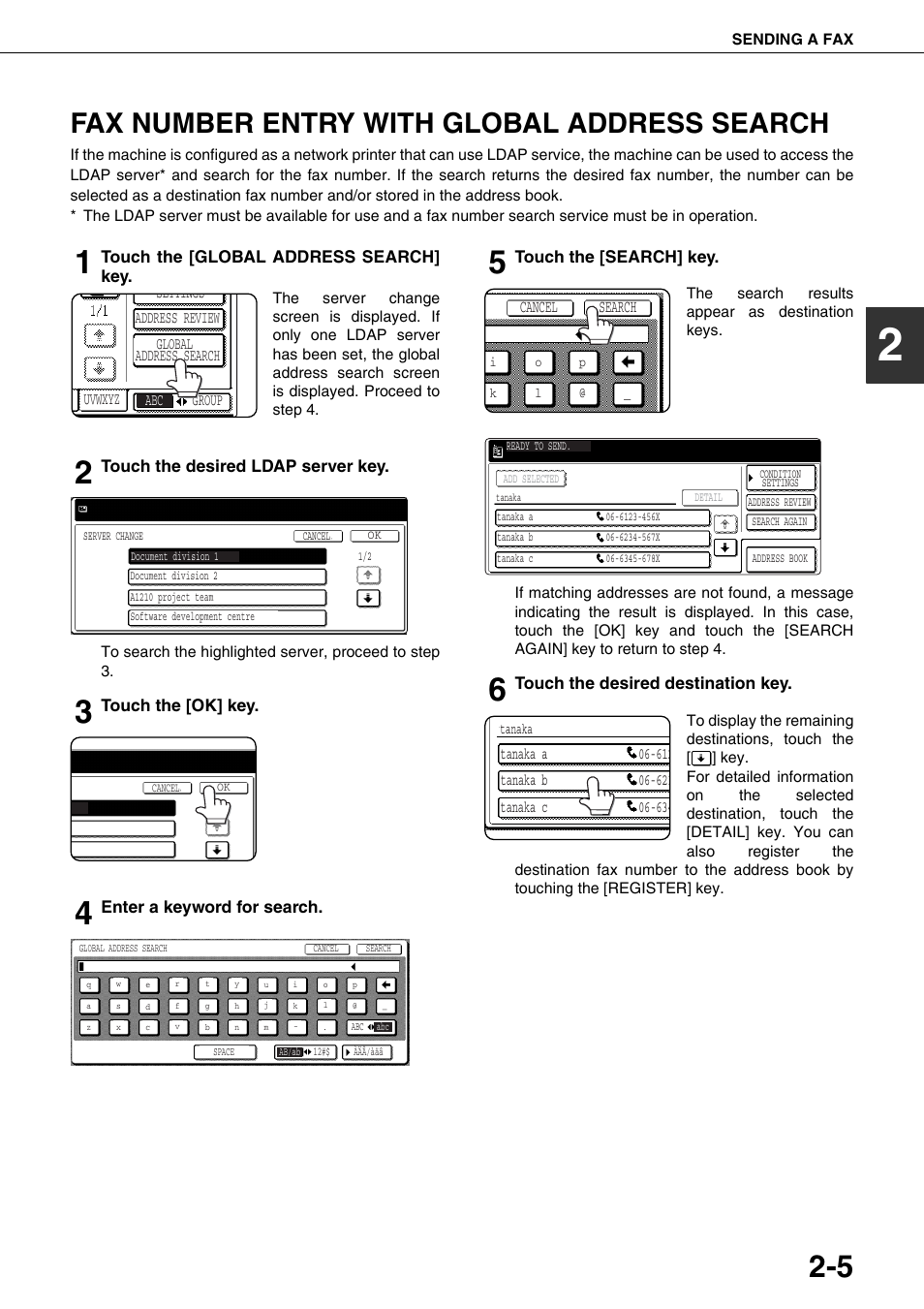 Fax number entry with global address, Search, Fax number entry with global address search | Cancel search | Sharp MX-M350U User Manual | Page 31 / 110