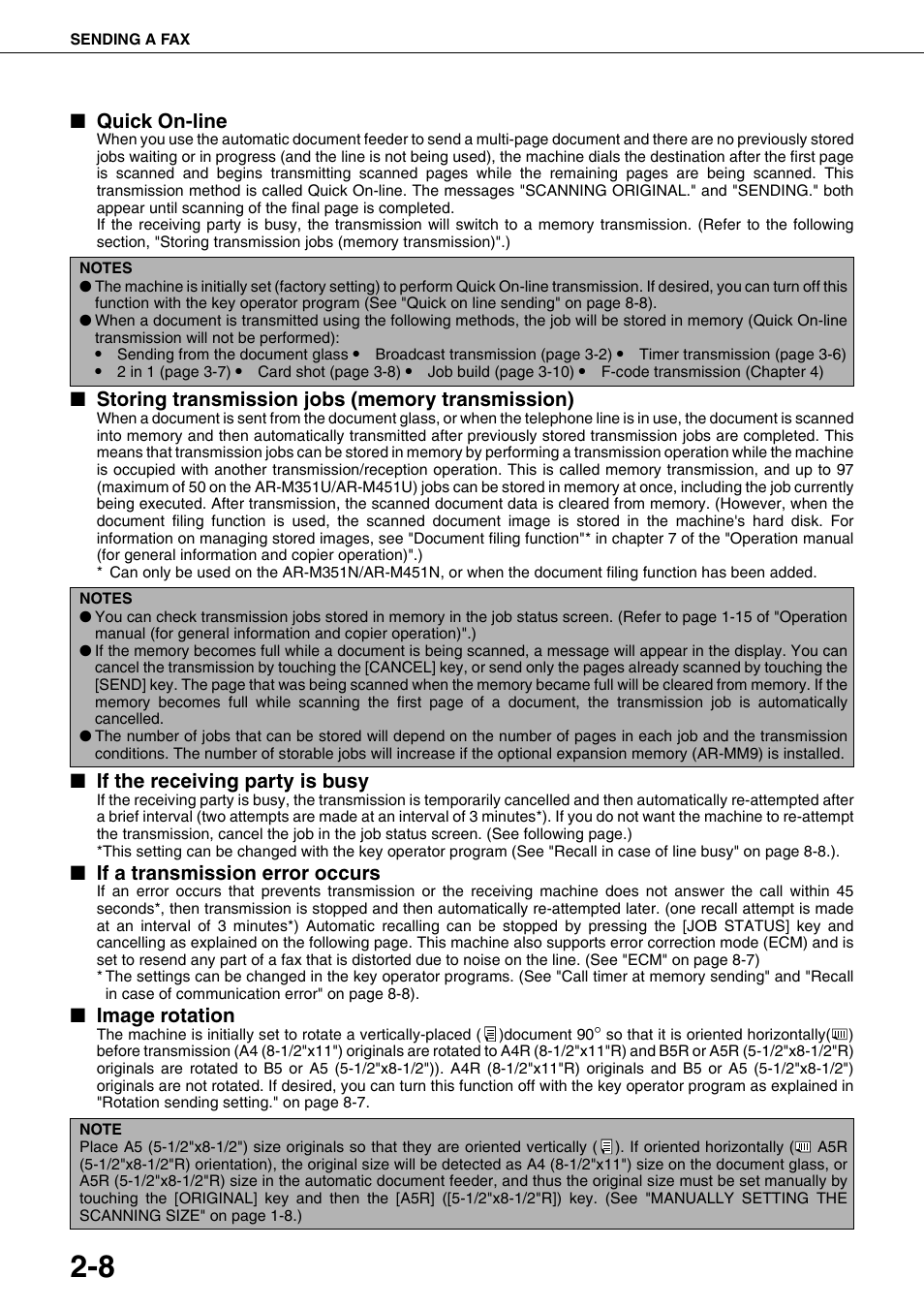 Quick on-line, If the receiving party is busy, If a transmission error occurs | Image rotation | Sharp MX-M350U User Manual | Page 34 / 110