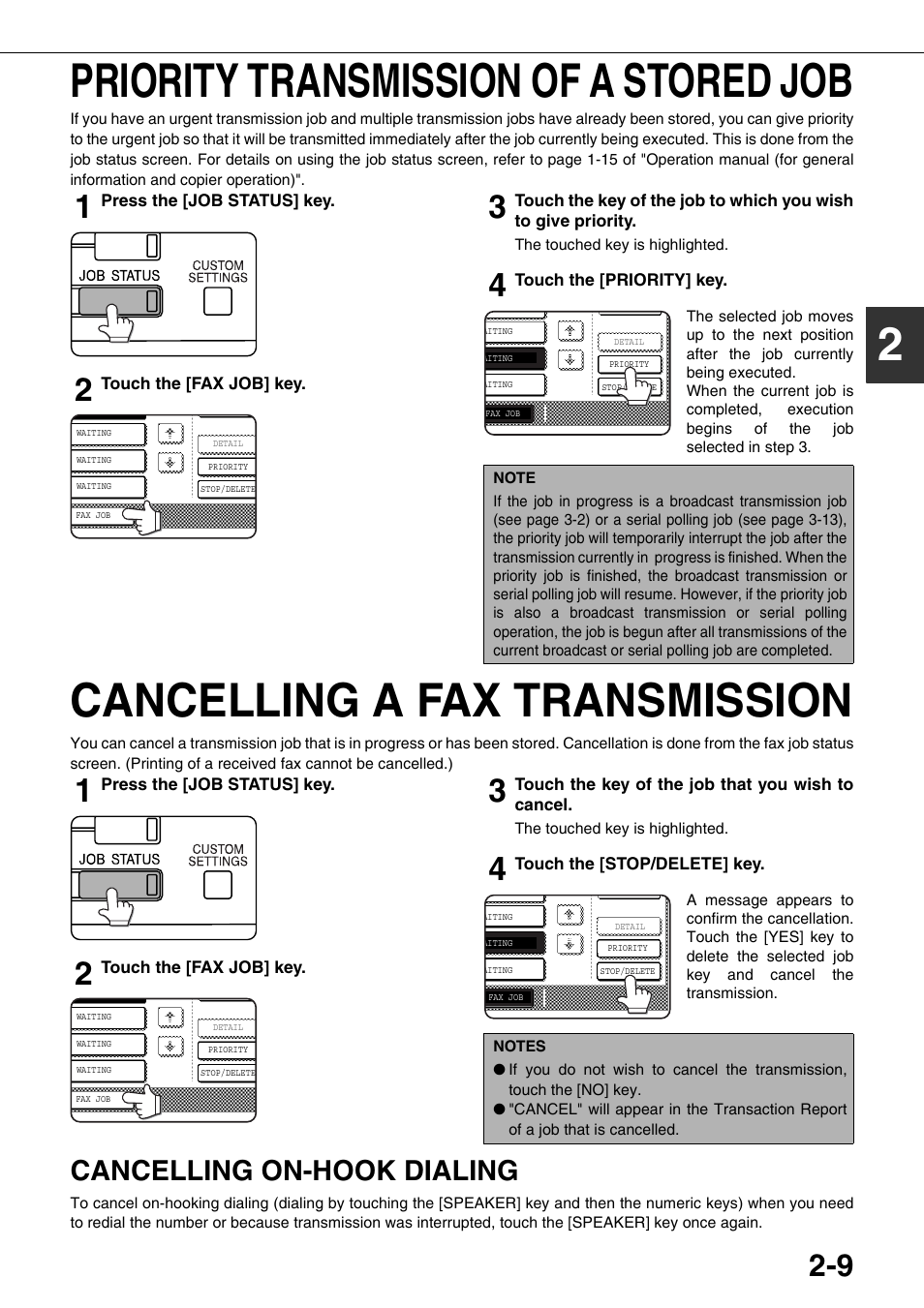 Priority transmission of a stored job, 9 cancelling a fax transmission, Cancelling on-hook dialing | 2priority transmission of a stored job, Cancelling a fax transmission | Sharp MX-M350U User Manual | Page 35 / 110