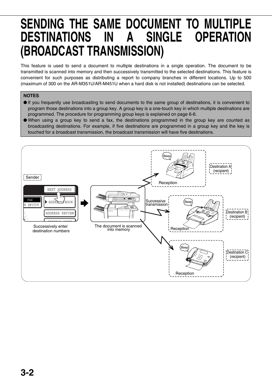 Sending the same document to multiple, Destinations in a single operation, Broadcast transmission) | Sharp MX-M350U User Manual | Page 38 / 110