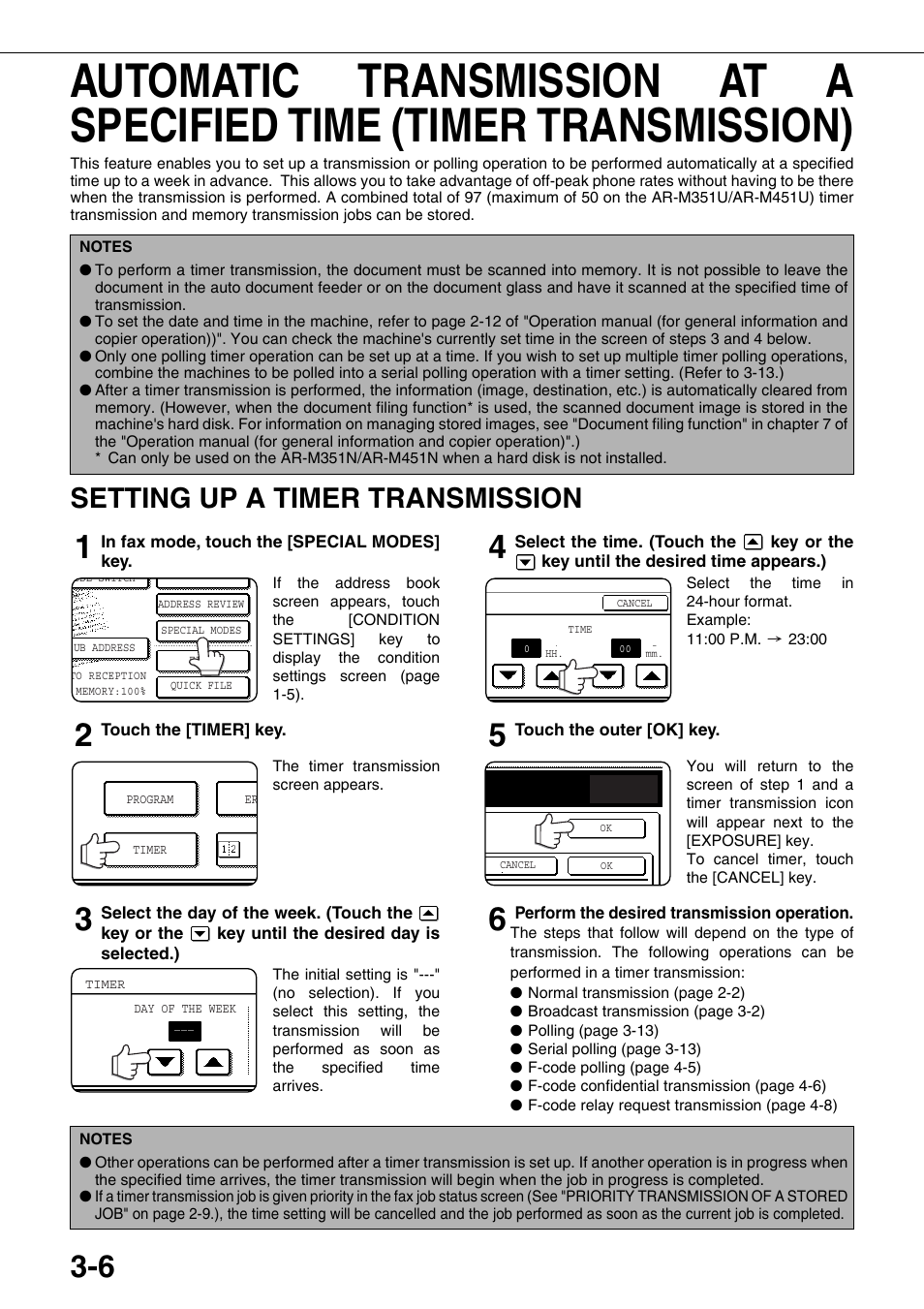 Automatic transmission at a specified, Time (timer transmission), Setting up a timer transmission | E 3-6, Age 3-6), E 3-6) | Sharp MX-M350U User Manual | Page 42 / 110