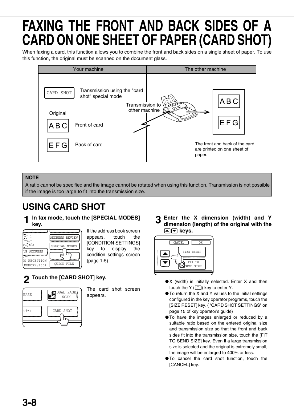 Faxing the front and back sides of a card, On one sheet of paper (card shot), Using card shot | Sharp MX-M350U User Manual | Page 44 / 110