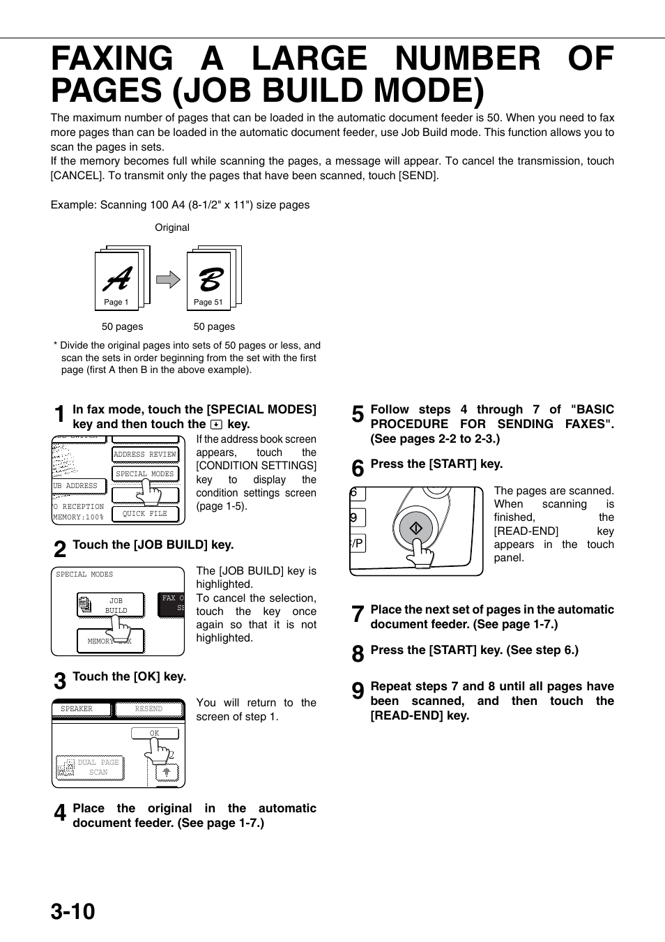 E 3-10), Ge 3-10), Faxing a large number of pages (job build mode) | Sharp MX-M350U User Manual | Page 46 / 110