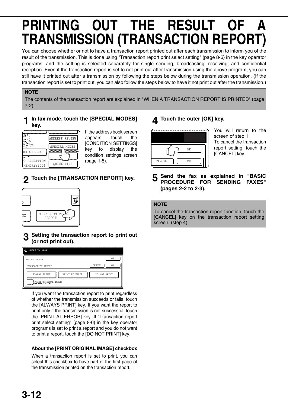 Printing out the result of a transmission, Transaction report), E 3-12 | Sharp MX-M350U User Manual | Page 48 / 110