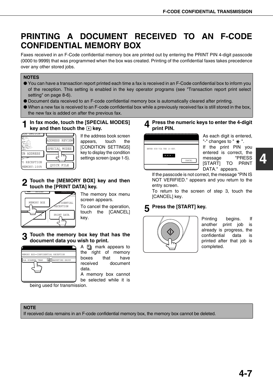 Printing a document received to an f, Code confidential memory box | Sharp MX-M350U User Manual | Page 63 / 110