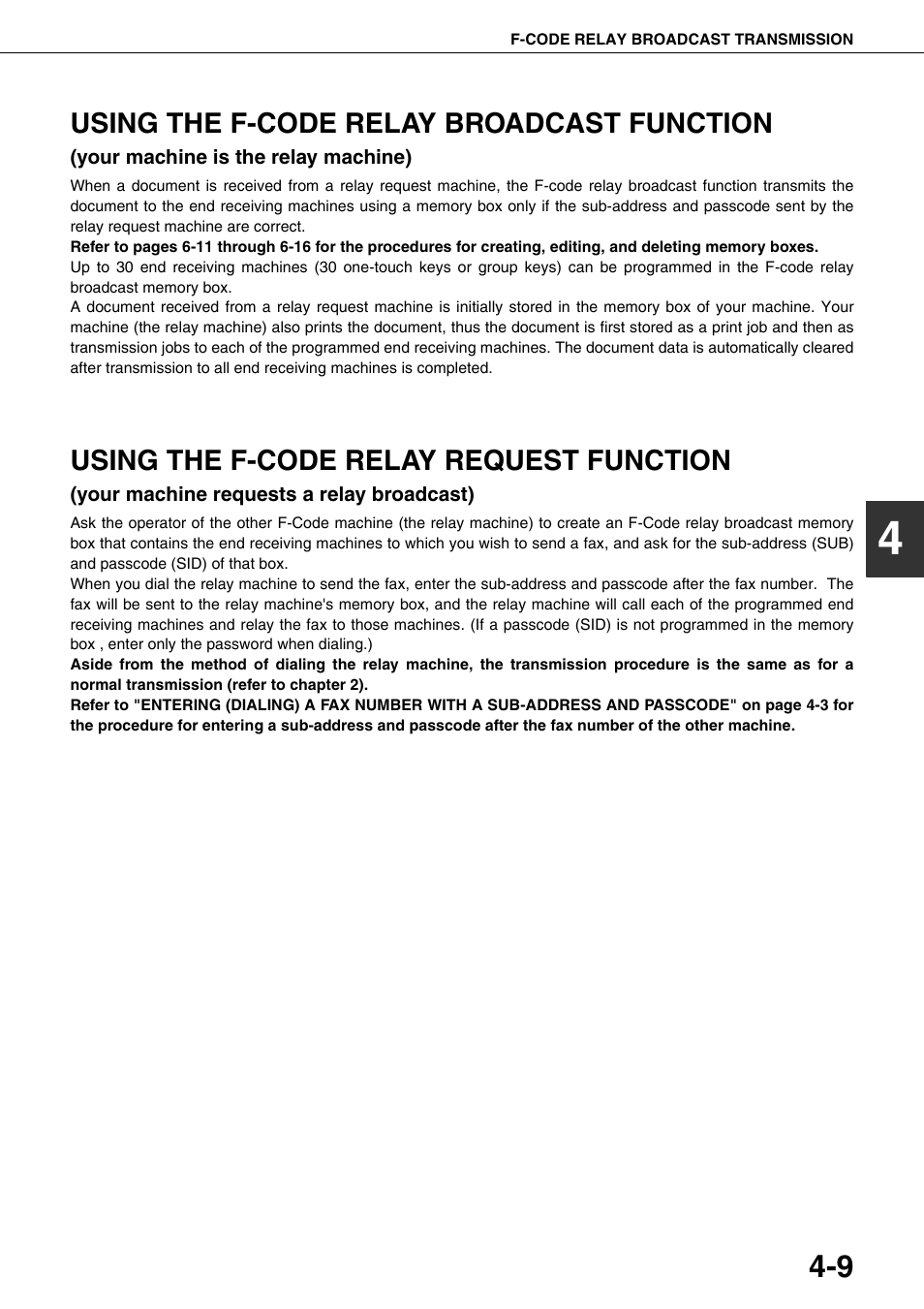 Using the f-code relay broadcast, Function (your machine is the relay machine), 9 using the f-code relay request function | Your machine requests a relay broadcast) | Sharp MX-M350U User Manual | Page 65 / 110