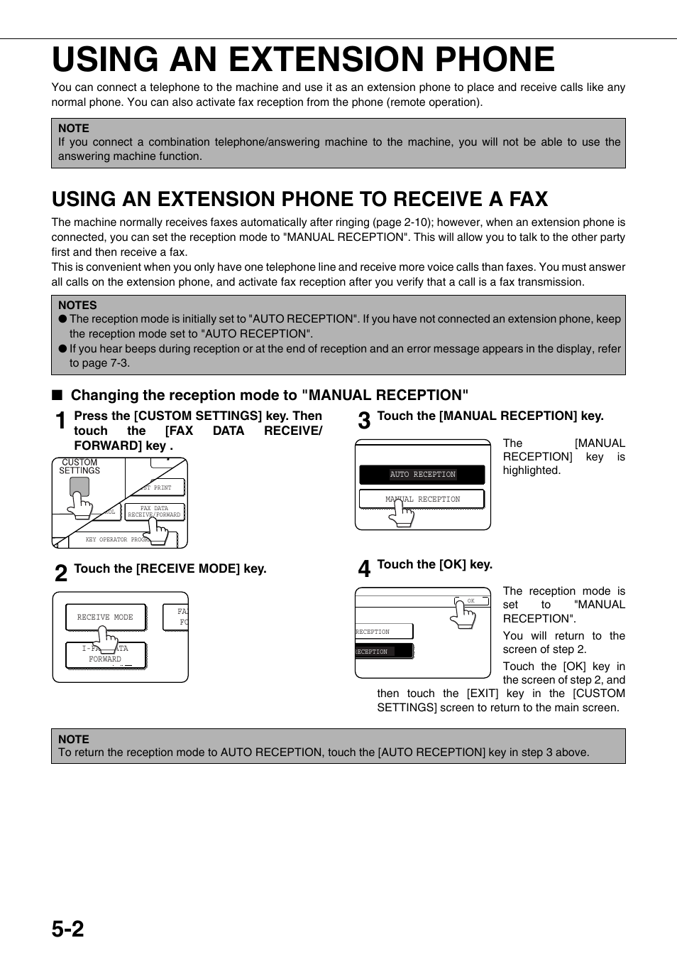 Using an extension phone, Using an extension phone to receive a fax, E 5-2 of | Sharp MX-M350U User Manual | Page 68 / 110