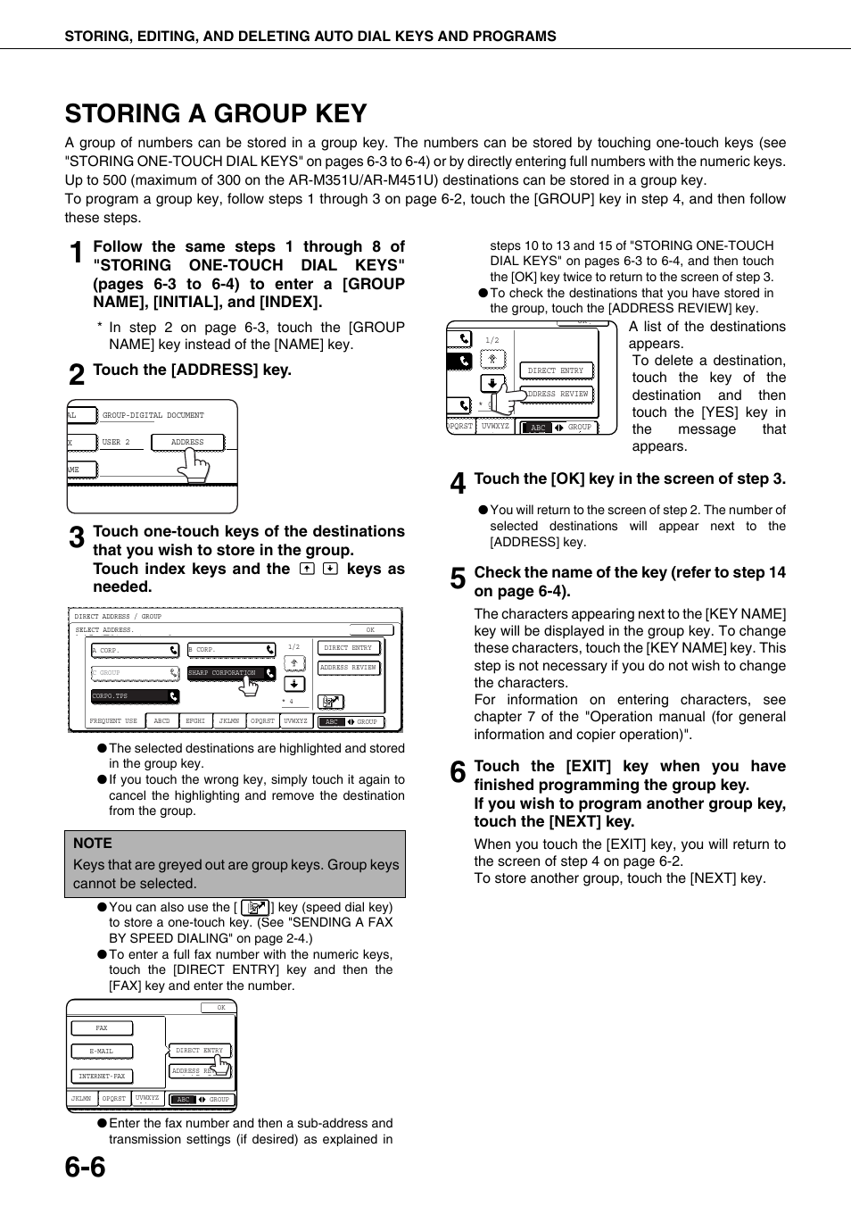 Storing a group key, D 6-6, Ge 6-6) | Touch the [address] key, Touch the [ok] key in the screen of step 3 | Sharp MX-M350U User Manual | Page 76 / 110