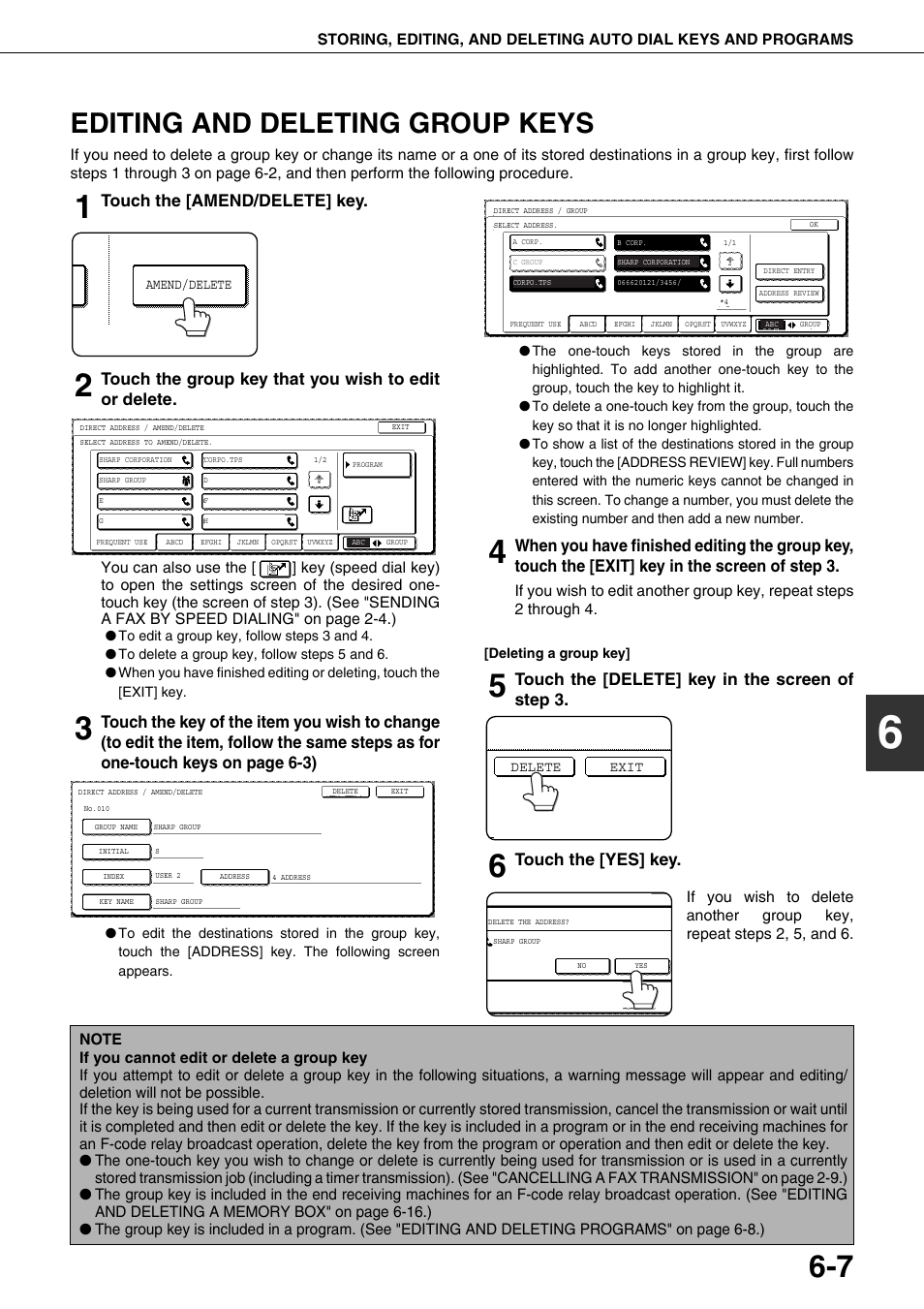 Editing and deleting group keys, E 6-7), Touch the [amend/delete] key | Touch the [delete] key in the screen of step 3, Touch the [yes] key | Sharp MX-M350U User Manual | Page 77 / 110