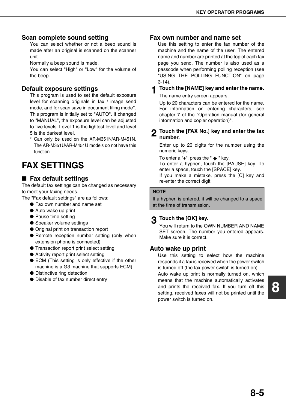 Fax settings, Fax own number and name set, Ge 8-5.) | Fax own number and name set" on pa, E 8-5), a, Scan complete sound setting, Default exposure settings, Fax default settings, Auto wake up print | Sharp MX-M350U User Manual | Page 95 / 110