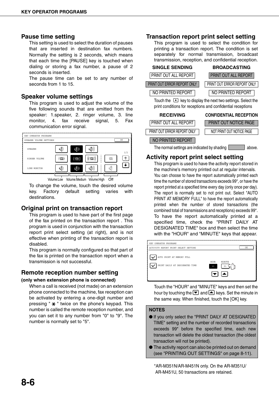 Viewing the communication activity report, Ge 7-3 to fix the pr, E 7-3) | Viewing the communication activity, Report, Ge 7-3.), Pause time setting, Speaker volume settings, Original print on transaction report, Remote reception number setting | Sharp MX-M350U User Manual | Page 96 / 110