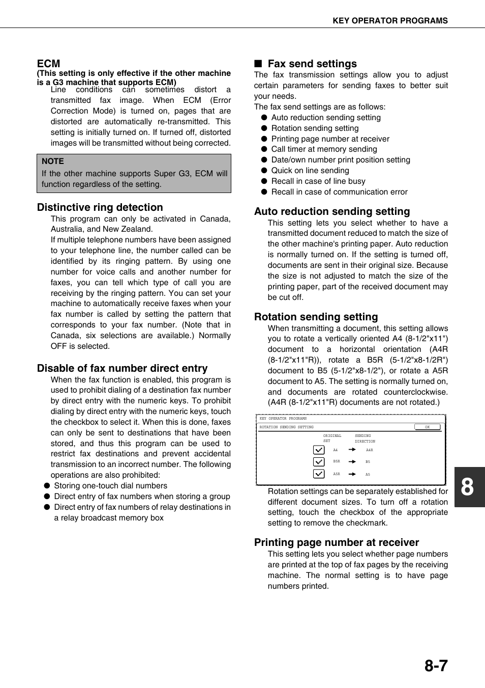 Distinctive ring detection, Disable of fax number direct entry, Fax send settings | Auto reduction sending setting, Rotation sending setting, Printing page number at receiver | Sharp MX-M350U User Manual | Page 97 / 110