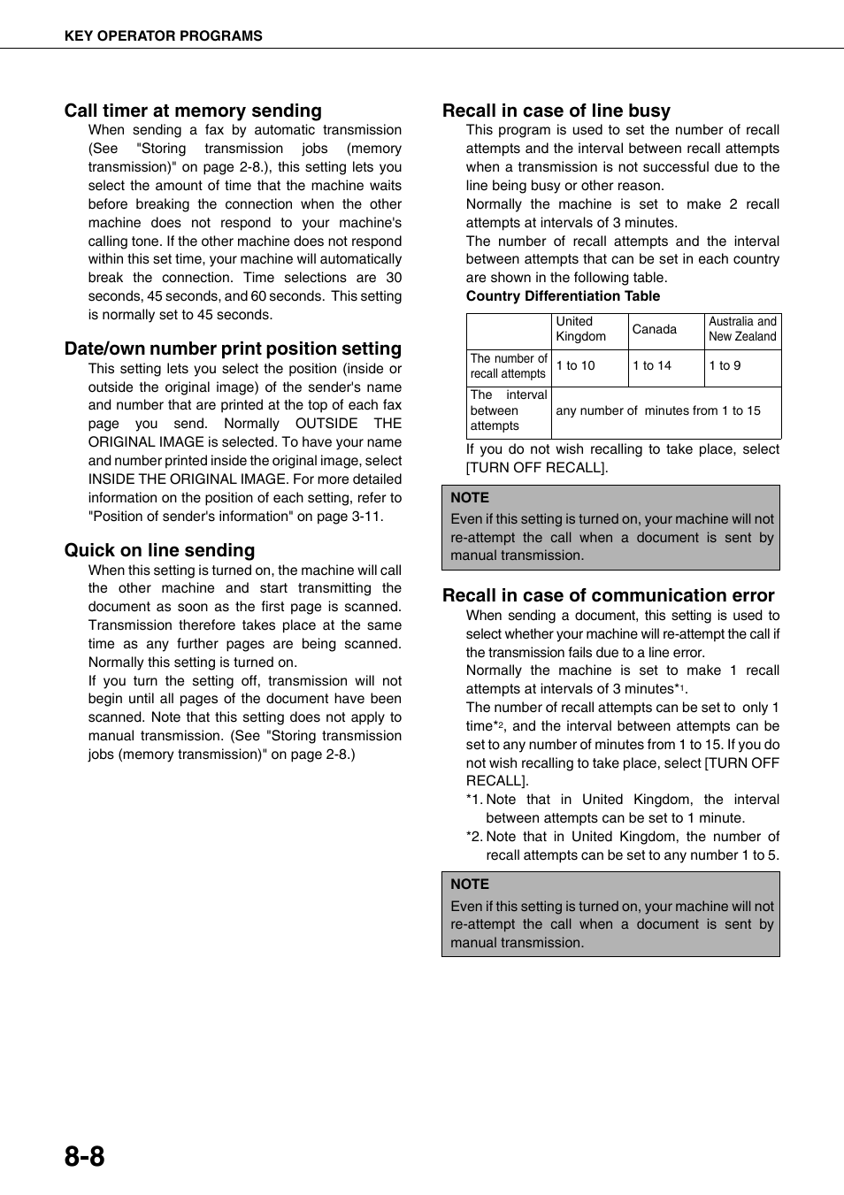 Ee "recall in case of line busy" on, Call timer at memory sending, Recall | In case of communication error, Quick on line sending" on, Date/own number print position setting" on, Date/own number print position setting, Quick on line sending, Recall in case of line busy, Recall in case of communication error | Sharp MX-M350U User Manual | Page 98 / 110