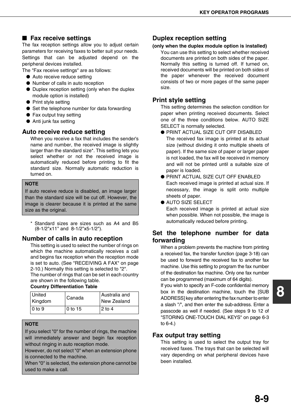 See "number of calls in auto reception, Fax output tray setting, E 8-9.) | Set the telephone number for, The telephone number, For data forwarding" on, Fax receive settings, Auto receive reduce setting, Number of calls in auto reception, Print style setting | Sharp MX-M350U User Manual | Page 99 / 110