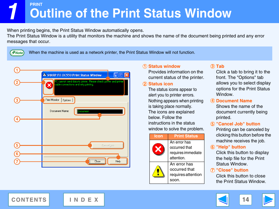 Outline of the print status window | Sharp FO-DC550 User Manual | Page 14 / 43