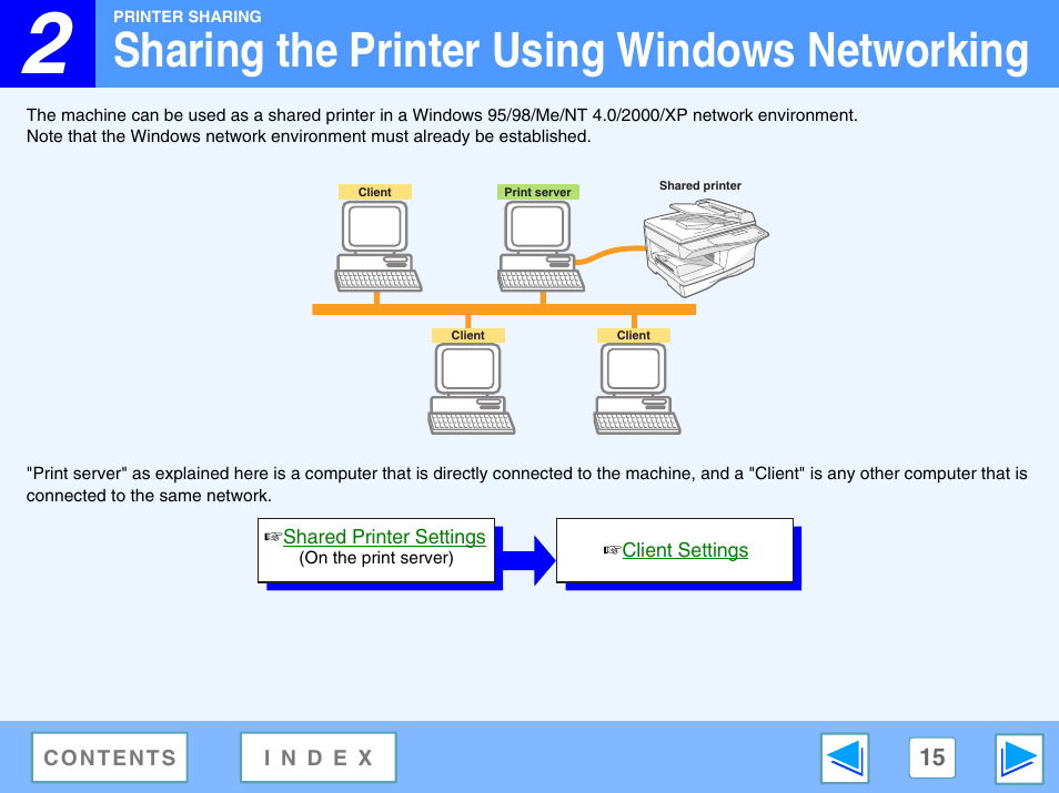 Sharing the printer using windows networking, 2 printer sharing | Sharp FO-DC550 User Manual | Page 15 / 43