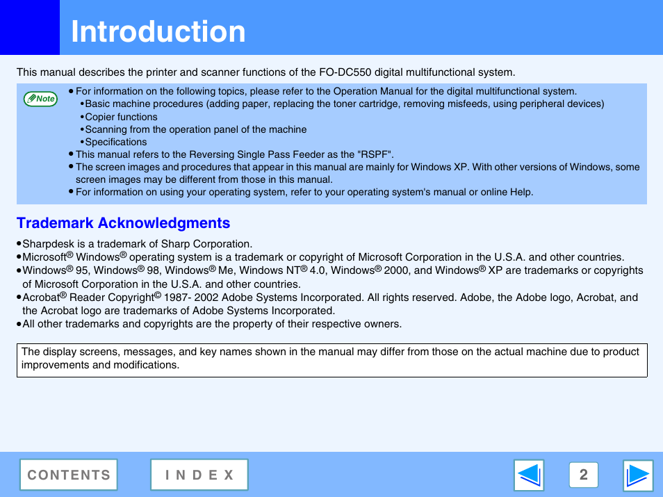 Introduction, Trademark acknowledgments | Sharp FO-DC550 User Manual | Page 2 / 43