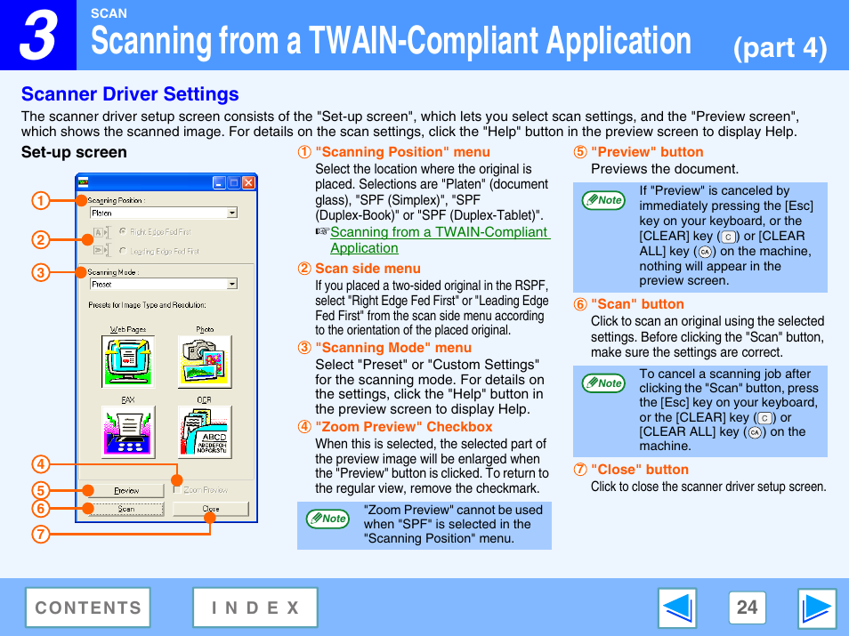 Scanner driver settings, Set-up screen, Scanning from a twain-compliant application | Part 4) | Sharp FO-DC550 User Manual | Page 24 / 43