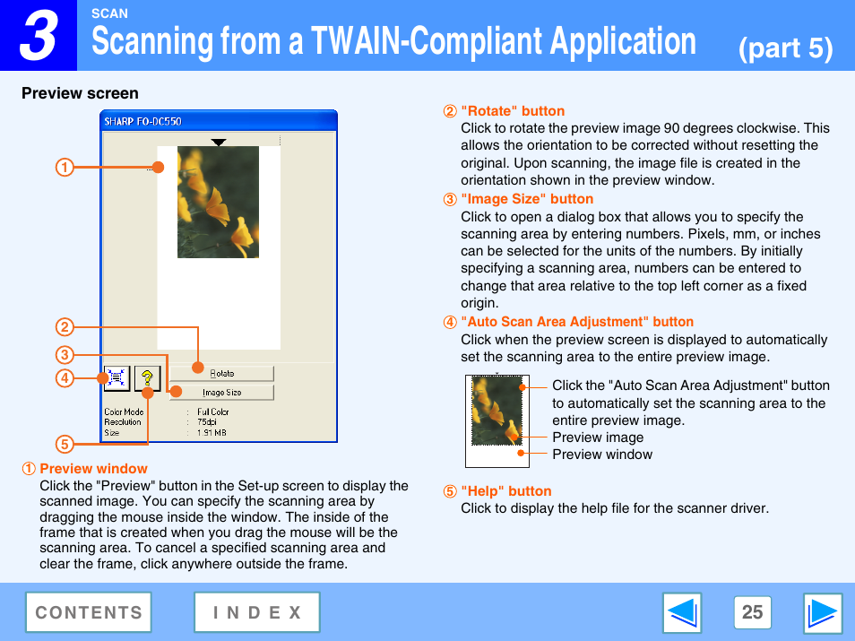 Preview screen, Scanning from a twain-compliant application, Part 5) | Sharp FO-DC550 User Manual | Page 25 / 43