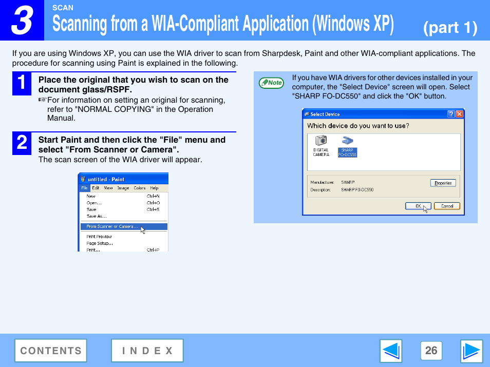 Scanning from a wia-compliant application, Windows xp), Part 1) | Sharp FO-DC550 User Manual | Page 26 / 43