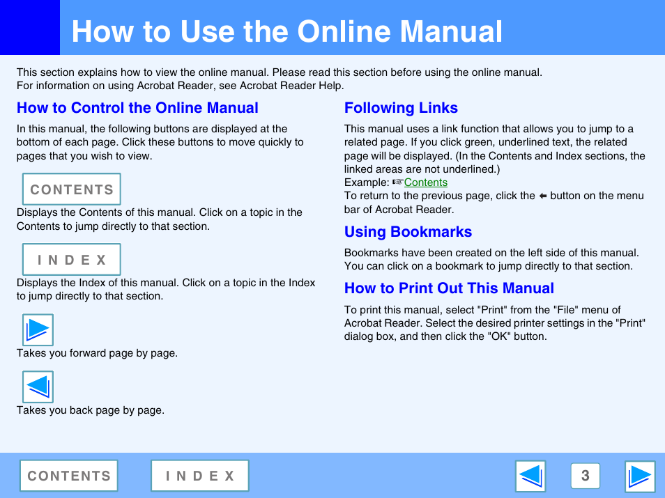 How to use the online manual, How to control the online manual, Following links | Using bookmarks, How to print out this manual | Sharp FO-DC550 User Manual | Page 3 / 43