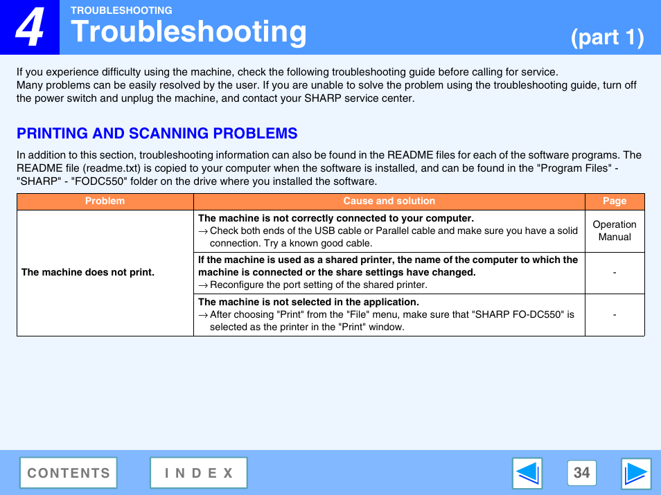 Troubleshooting, Printing and scanning problems, 4 troubleshooting | Part 1) | Sharp FO-DC550 User Manual | Page 34 / 43