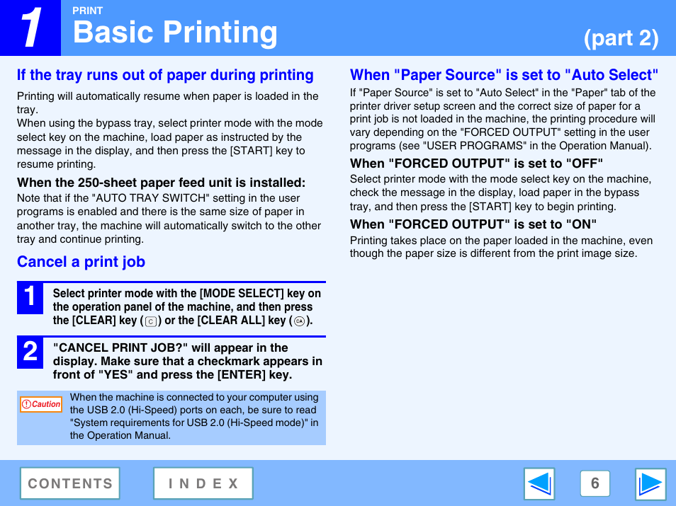 If the tray runs out of paper during printing, When the 250-sheet paper feed unit is installed, Cancel a print job | When "paper source" is set to "auto select, When "forced output" is set to "off, When "forced output" is set to "on, Basic printing, Part 2) | Sharp FO-DC550 User Manual | Page 6 / 43