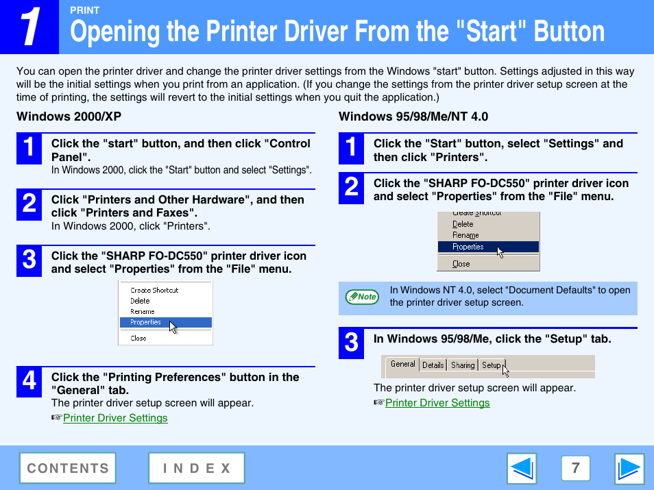 Opening the printer driver from the "start" button, Windows 2000/xp, Windows 95/98/me/nt 4.0 | Sharp FO-DC550 User Manual | Page 7 / 43