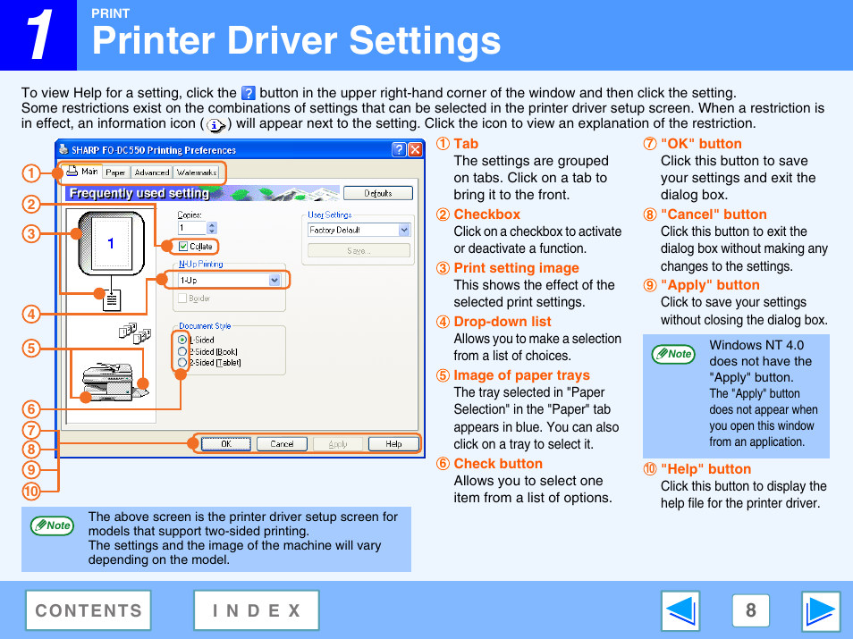 Printer driver settings | Sharp FO-DC550 User Manual | Page 8 / 43