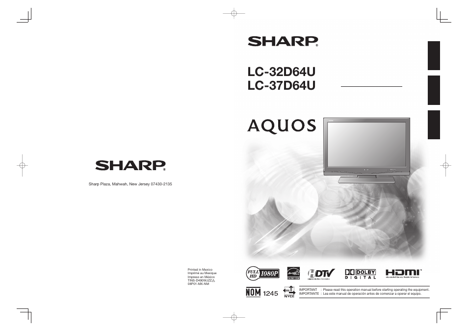 Sharp Aquos LC 37D64U User Manual | 44 pages