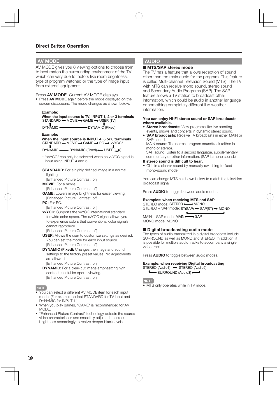 Av mode, Direct button operation audio | Sharp Aquos LC 37D64U User Manual | Page 16 / 44