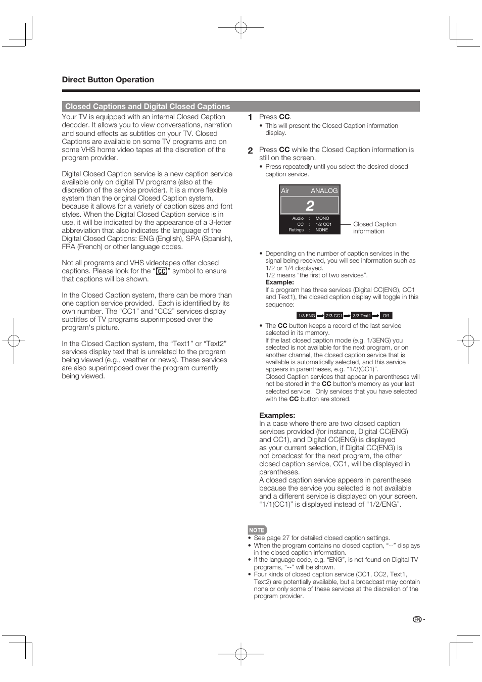 Direct button operation, Closed captions and digital closed captions | Sharp Aquos LC 37D64U User Manual | Page 17 / 44