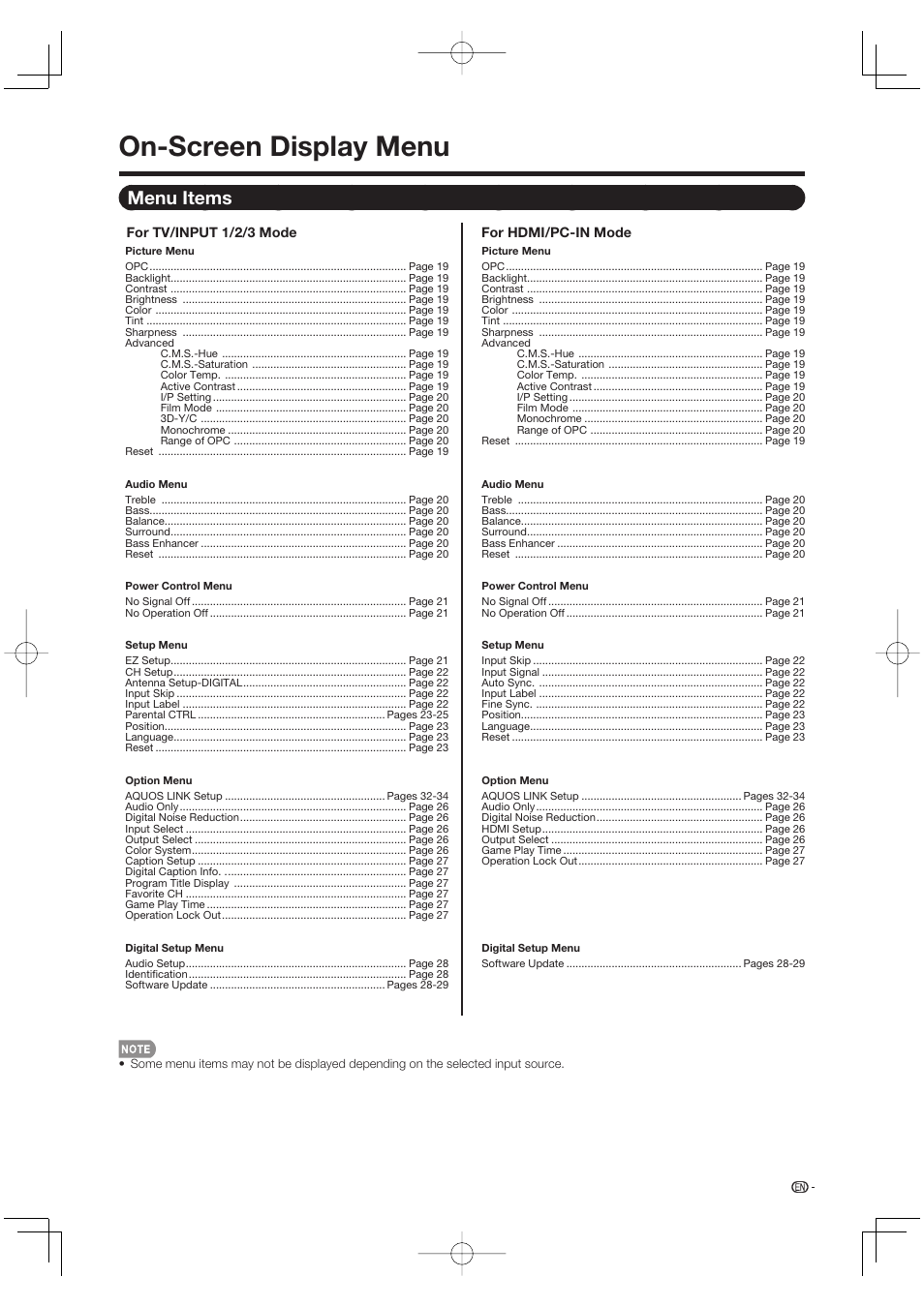 On-screen display menu, Menu items | Sharp Aquos LC 37D64U User Manual | Page 19 / 44