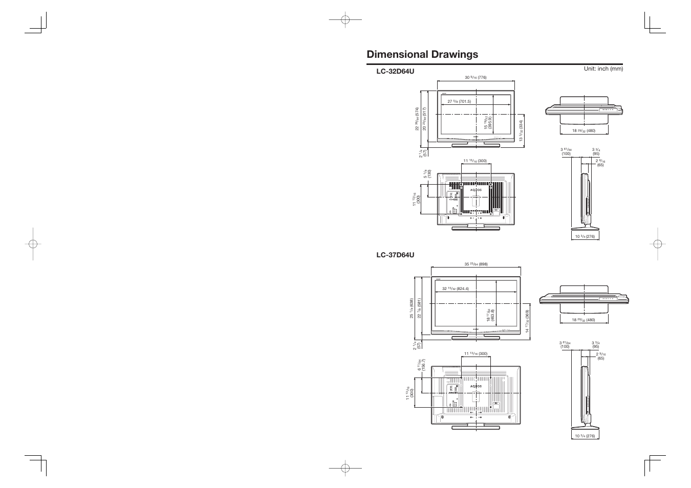 Dimensional drawings, Unit: inch (mm) | Sharp Aquos LC 37D64U User Manual | Page 2 / 44