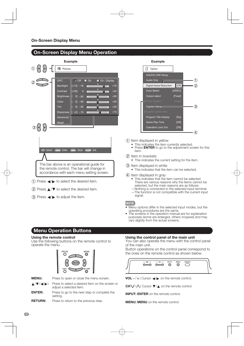 On-screen display menu operation, Menu operation buttons, On-screen display menu | Sharp Aquos LC 37D64U User Manual | Page 20 / 44