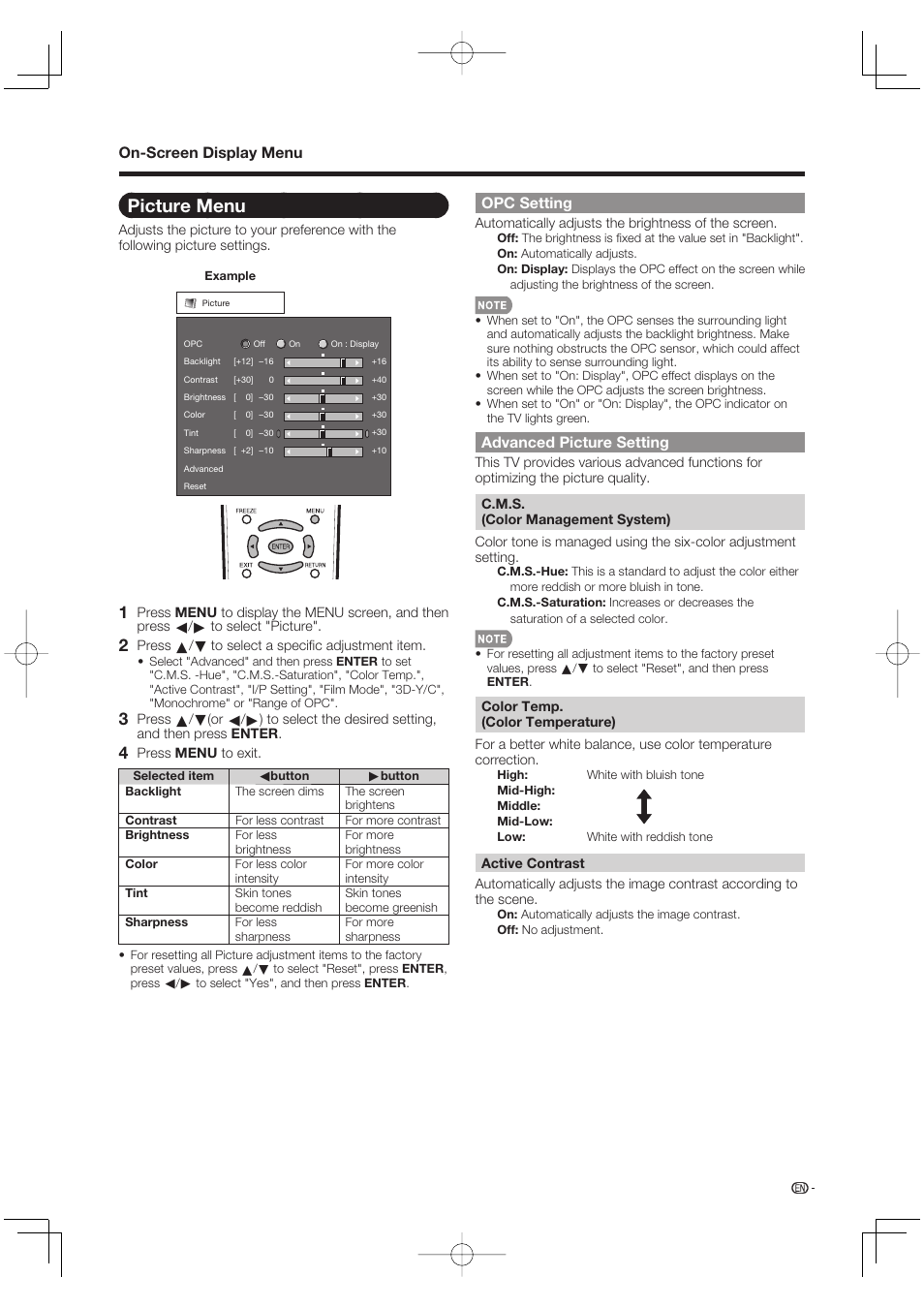 Picture menu, Opc setting, Advanced picture setting | On-screen display menu opc setting | Sharp Aquos LC 37D64U User Manual | Page 21 / 44