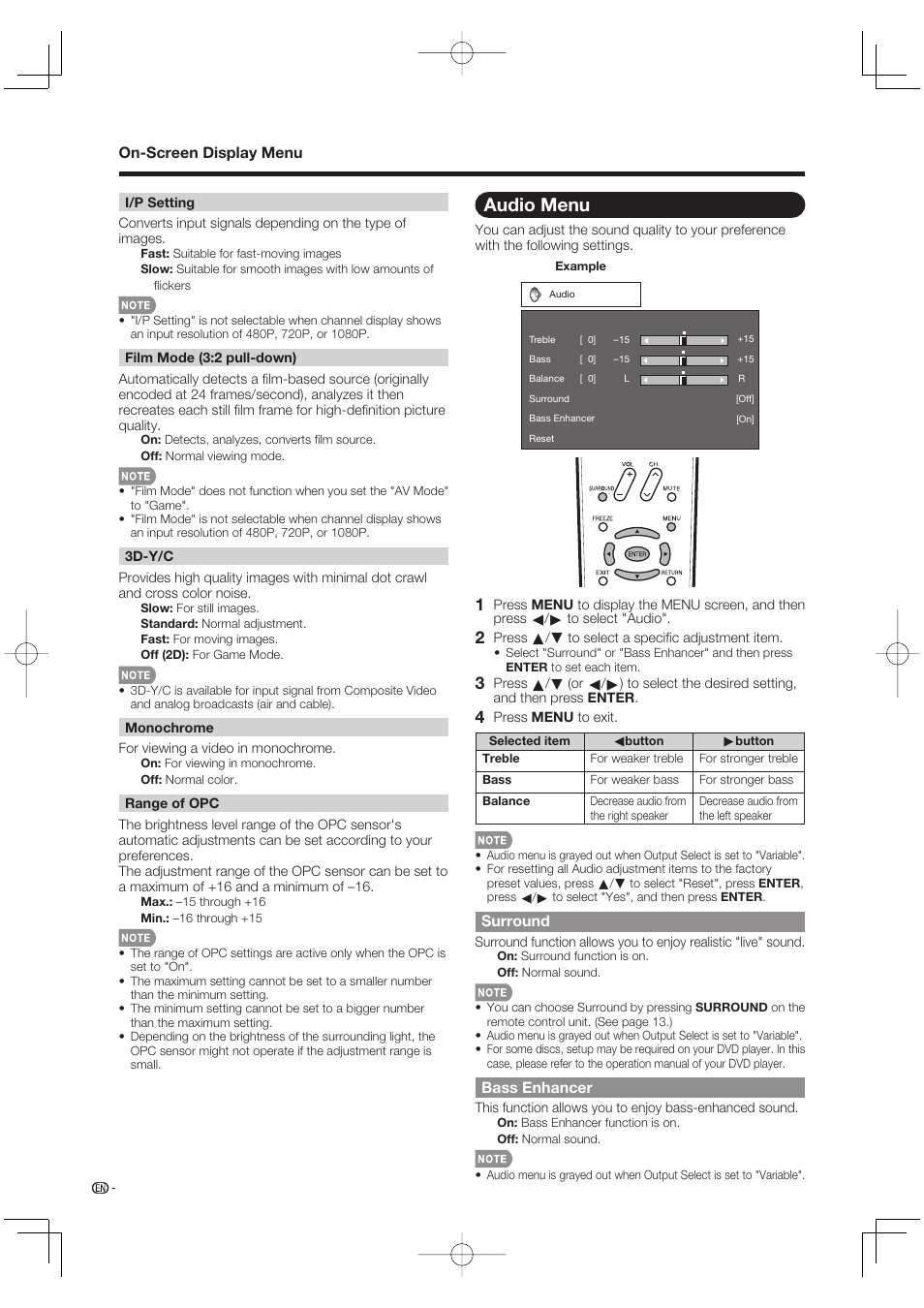 Audio menu, Surround, Bass enhancer | Sharp Aquos LC 37D64U User Manual | Page 22 / 44