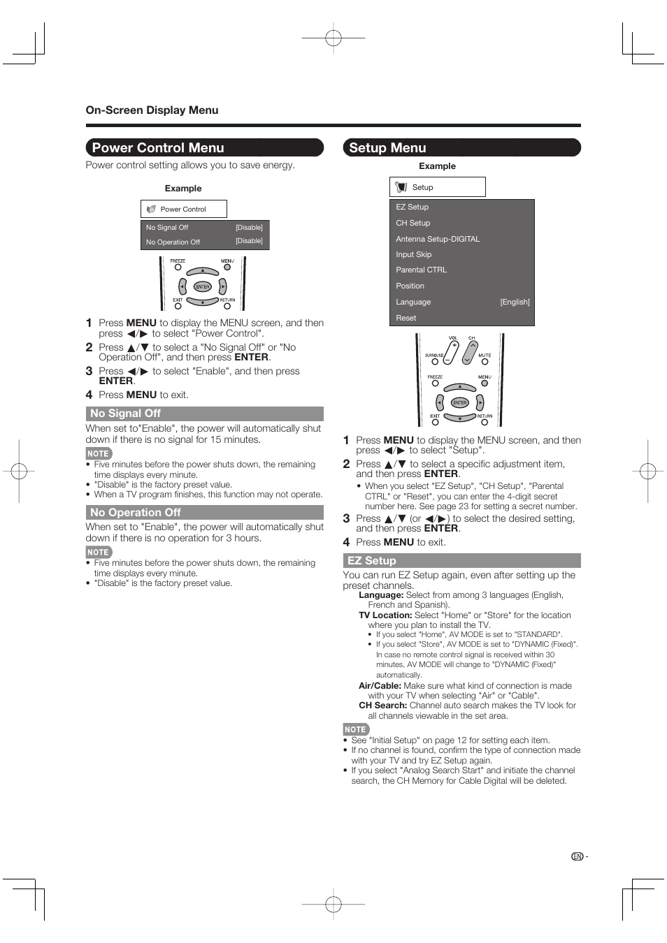 Power control menu, No signal off, No operation off | Setup menu, Ez setup | Sharp Aquos LC 37D64U User Manual | Page 23 / 44