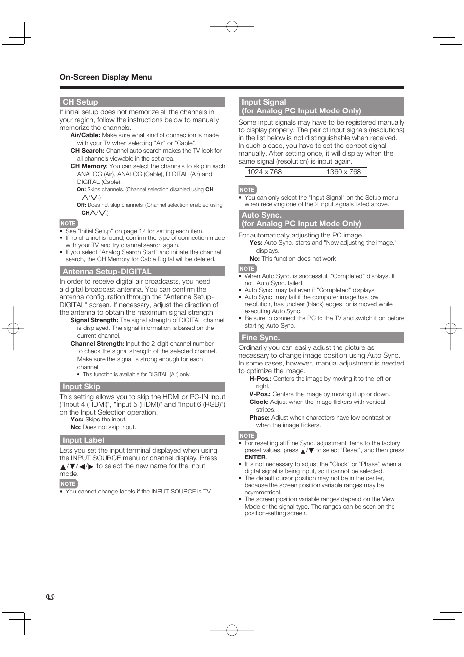 Ch setup, Antenna setup-digital, Input skip | Input label, Input signal (for analog pc input mode only), Auto sync. (for analog pc input mode only), Fine sync | Sharp Aquos LC 37D64U User Manual | Page 24 / 44