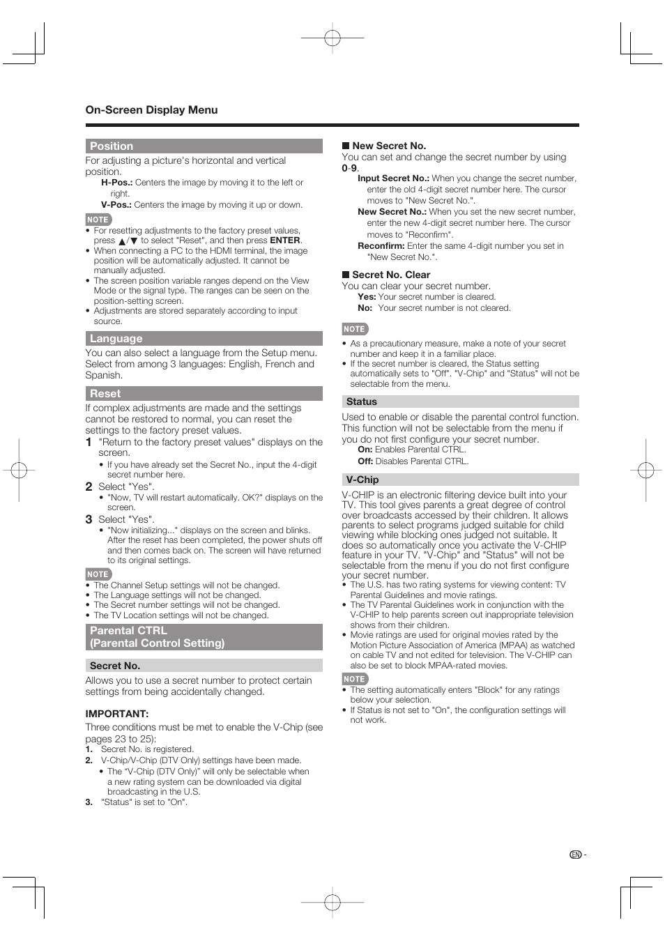 Position, Language, Reset | Parental ctrl (parental control setting) | Sharp Aquos LC 37D64U User Manual | Page 25 / 44