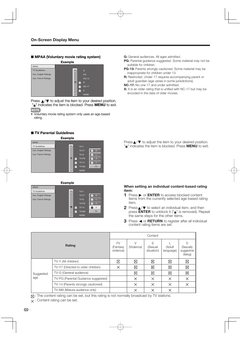 On-screen display menu, Mpaa (voluntary movie rating system), Tv parental guidelines | Sharp Aquos LC 37D64U User Manual | Page 26 / 44