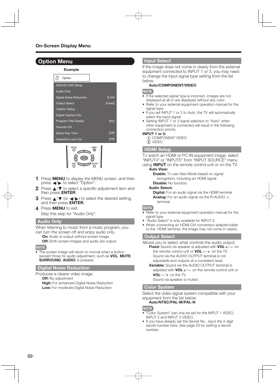 Option menu, Audio only, Digital noise reduction | Input select, Hdmi setup, Output select, Color system | Sharp Aquos LC 37D64U User Manual | Page 28 / 44