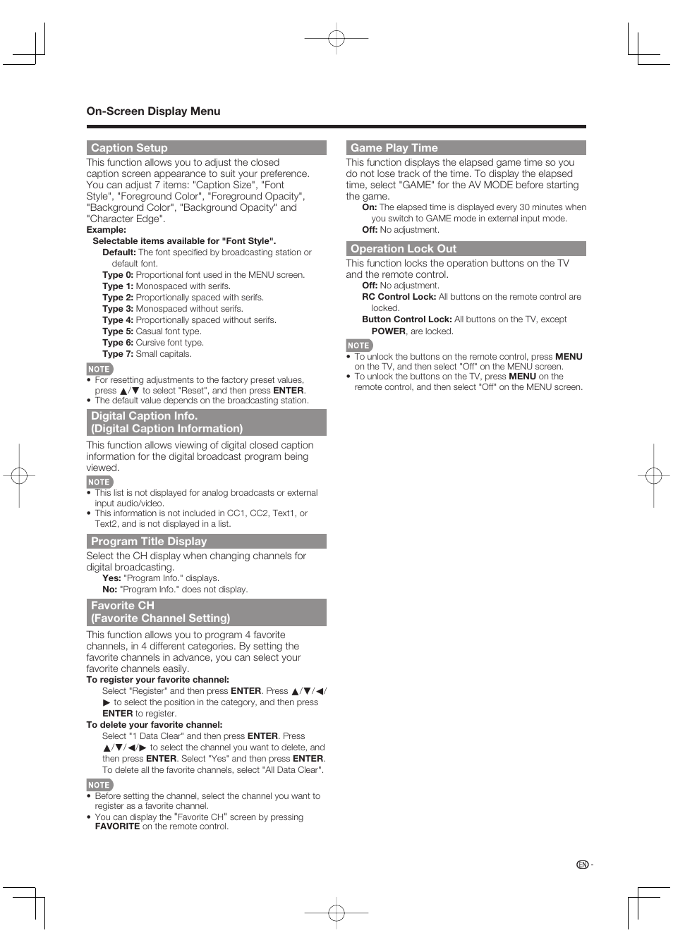 Caption setup, Program title display, Favorite ch (favorite channel setting) | Game play time, Operation lock out | Sharp Aquos LC 37D64U User Manual | Page 29 / 44